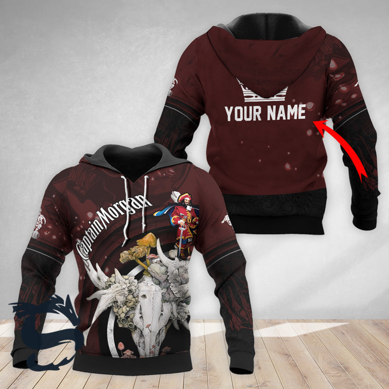 Personalized Captain Morgan Deer Skull With Mushrooms Hoodie & Zip Hoodie