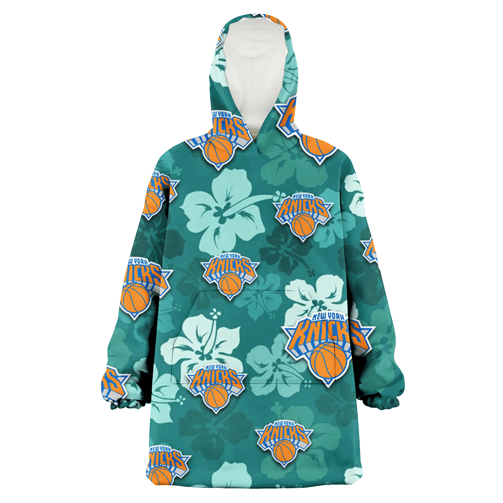 New York Knicks Light Sea Green Hibiscus Green Background 3D Printed Hoodie Blanket Snug Hoodie