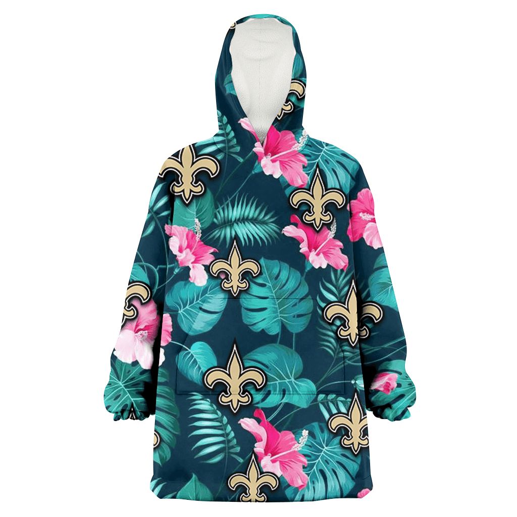 New Orleans Saints Pink Hibiscus Green Leaves Dark Background 3D Printed Hoodie Blanket Snug Hoodie