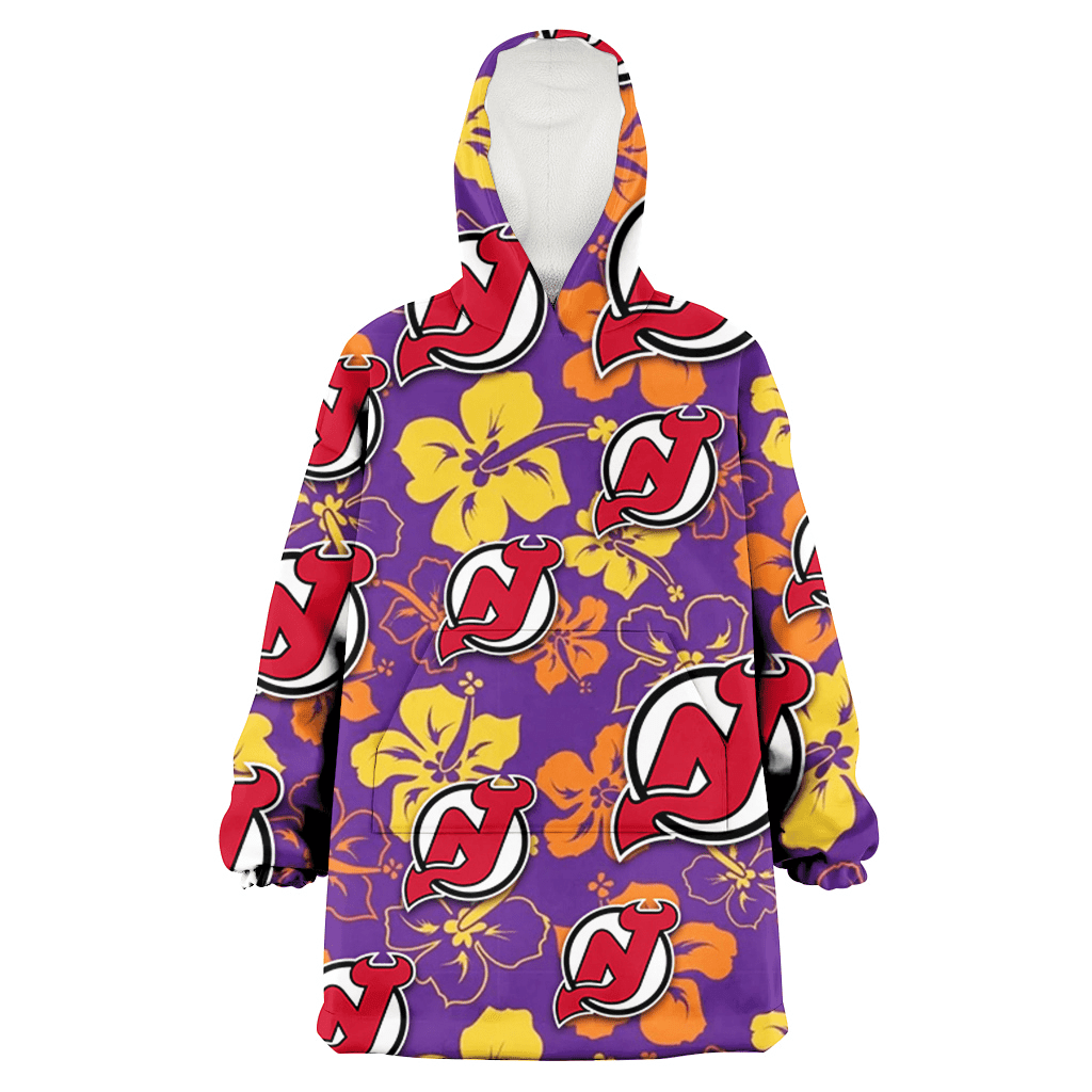 New Jersey Devils Yellow And Orange Hibiscus Purple Background 3D Printed Hoodie Blanket Snug Hoodie