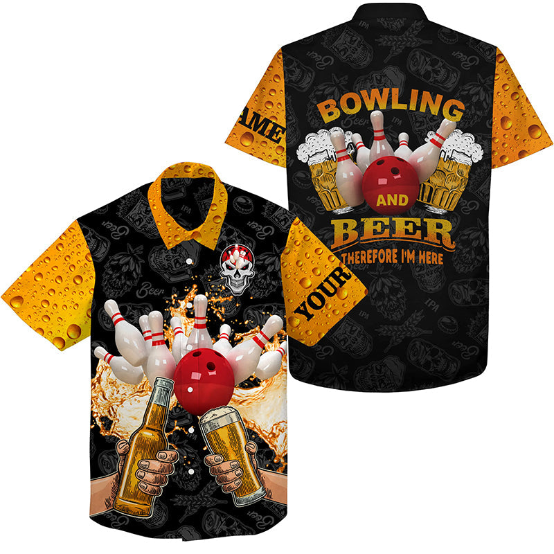 Funny Bowling Beer Skull Hawaiian Bowling Shirts Custom Name Bowling And Beer Therefore I’M Here