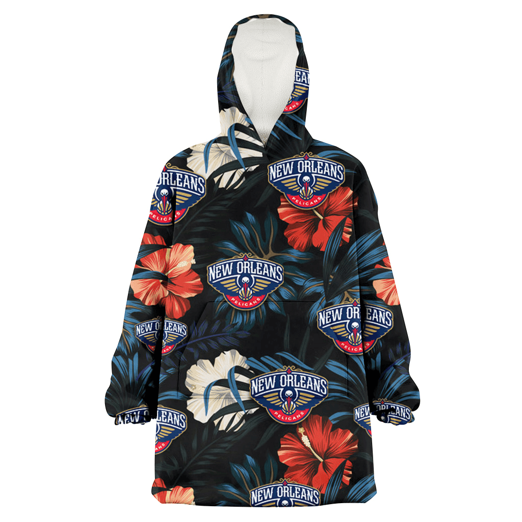 New Orlean Pelicans Red And White Hibiscus Dark Leaf Black Background 3D Printed Hoodie Blanket Snug Hoodie