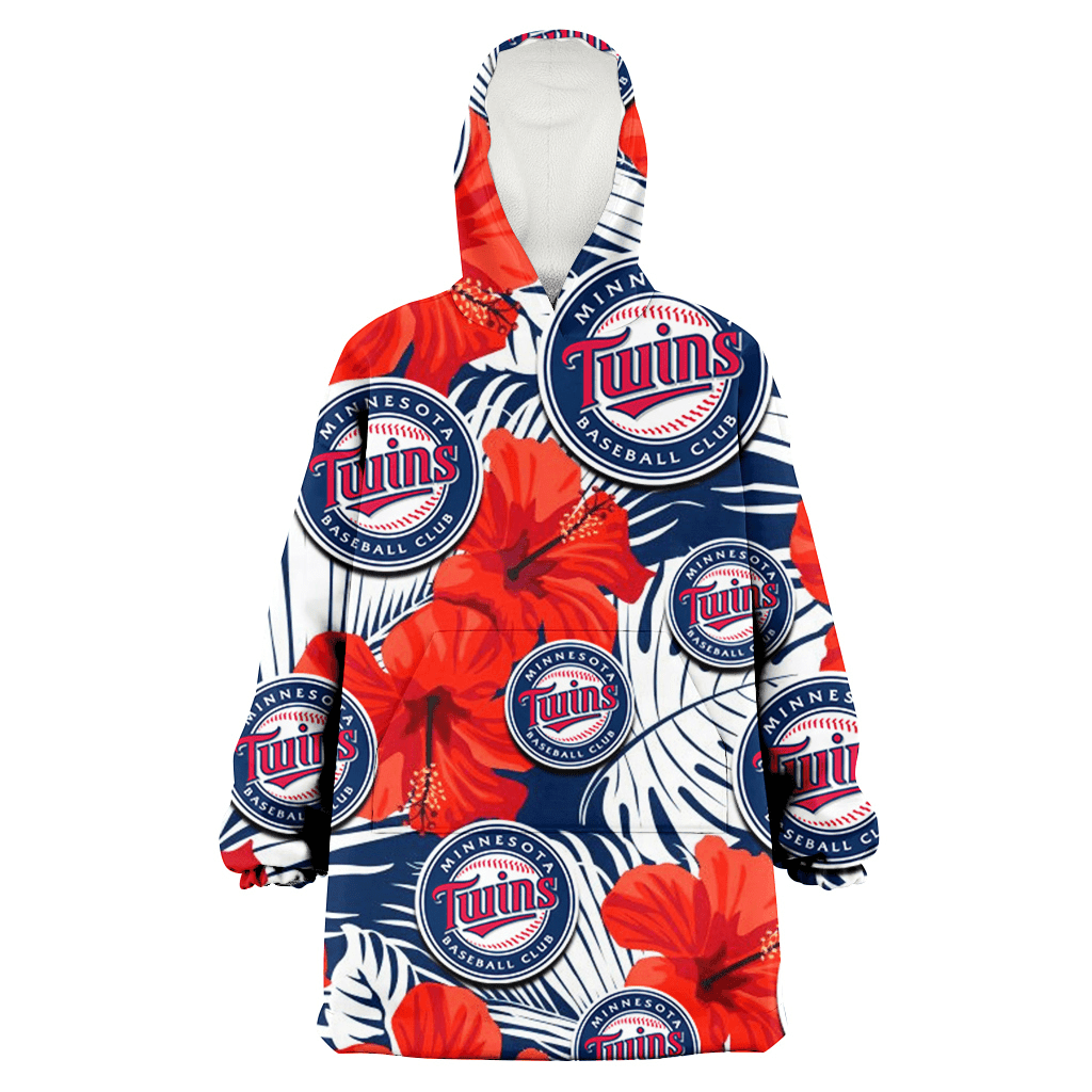 Minnesota Twins White Tropical Leaf Red Hibiscus Navy Background 3D Printed Hoodie Blanket Snug Hoodie