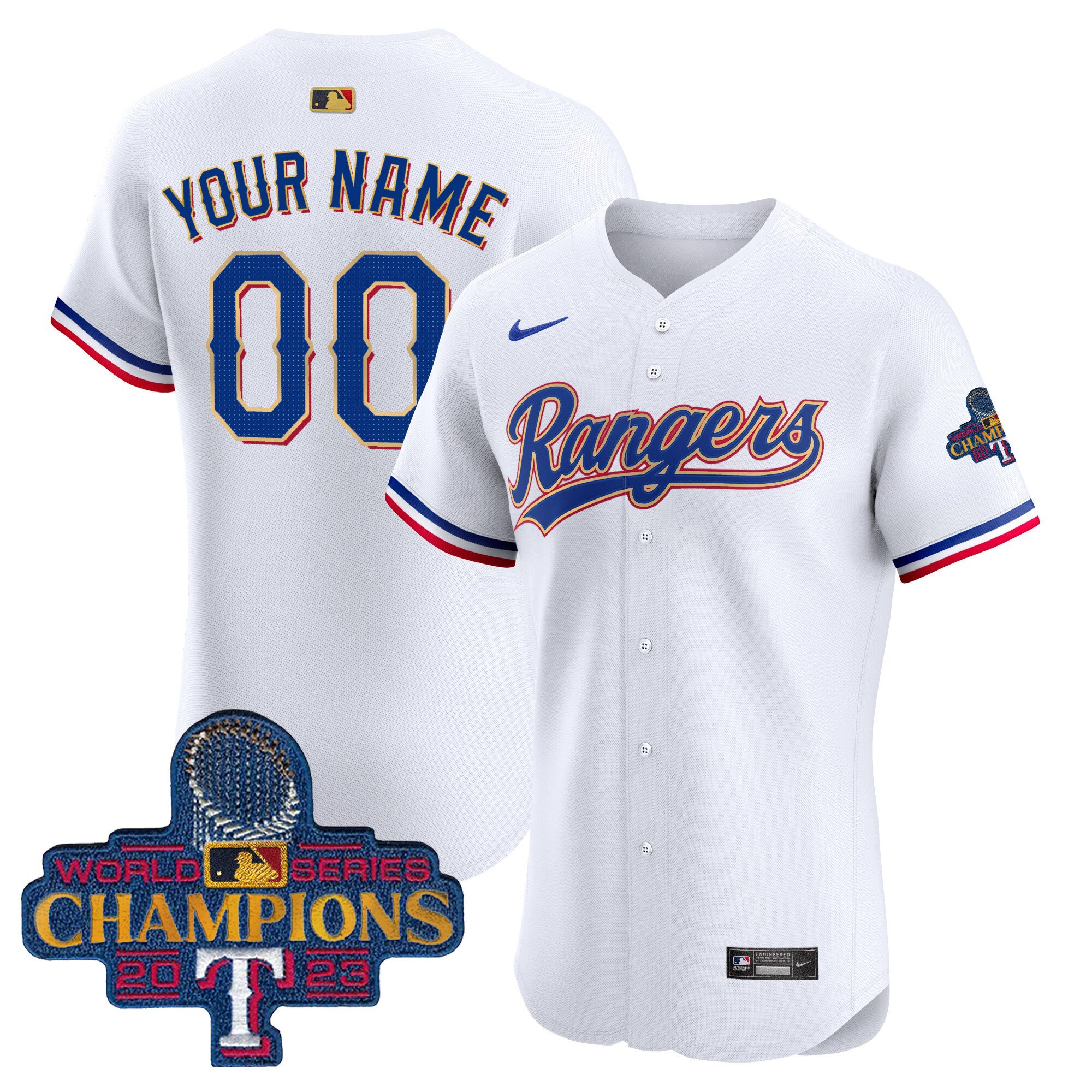 Texas Rangers 2023 World Series Champions Gold Trim Vapor Premier Elite Custom Jersey – All Stitched