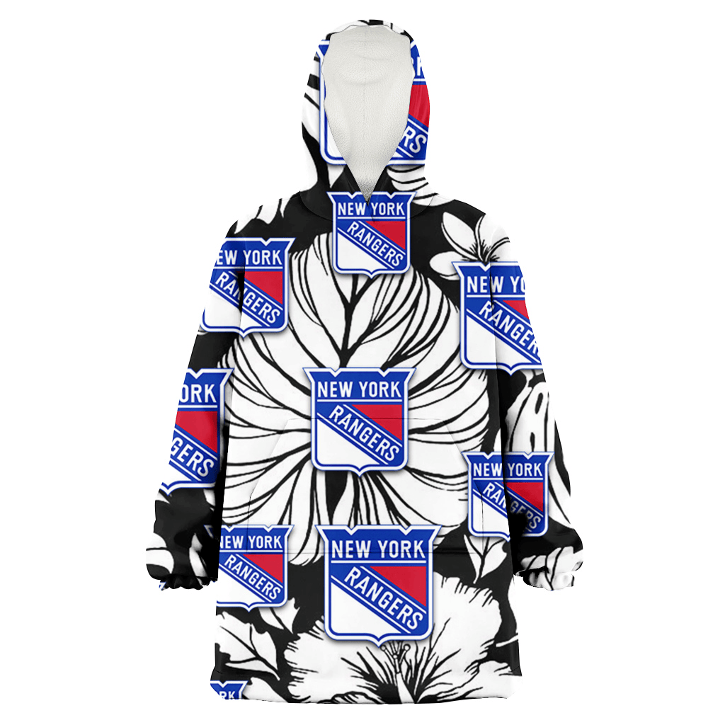 New York Rangers White Hibiscus Porcelain Flower Palm Leaf Black 3D Printed Hoodie Blanket Snug Hoodie