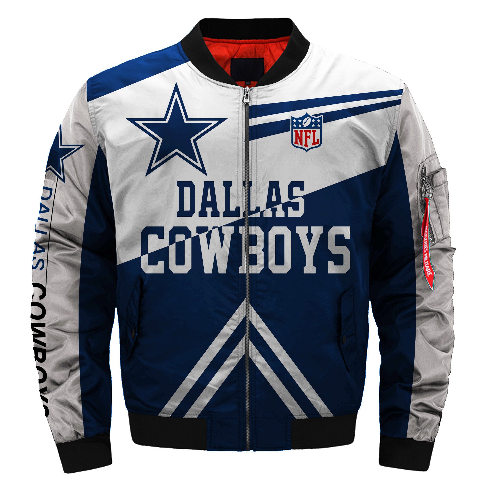 Dallas Cowboys Team Logo Pattern Bomber Jacket Blue And White