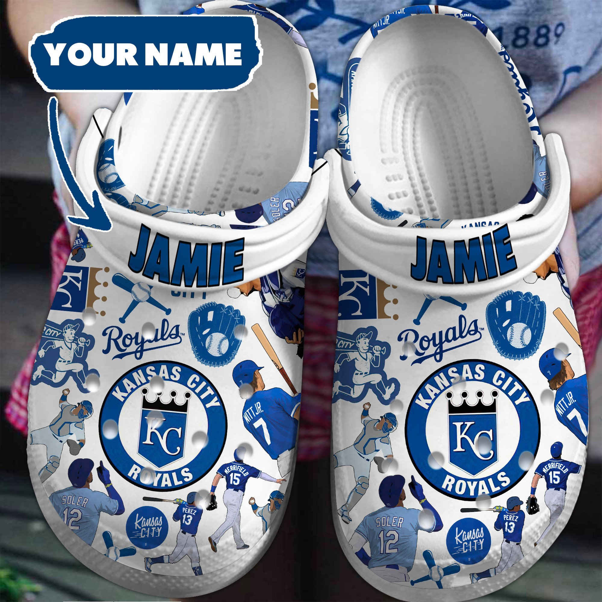 Custom Name Kansas City Royals Logo Baseball MLB Cheer Mascot Full White Crocss Classic Clogs Shoes Ver382