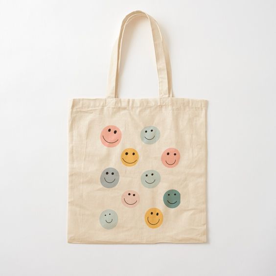 Pastel Smiley Face Pattern Cotton Tote Bag, Canvas Tote Bags, Tote Bag Design, Tote Bag Idea