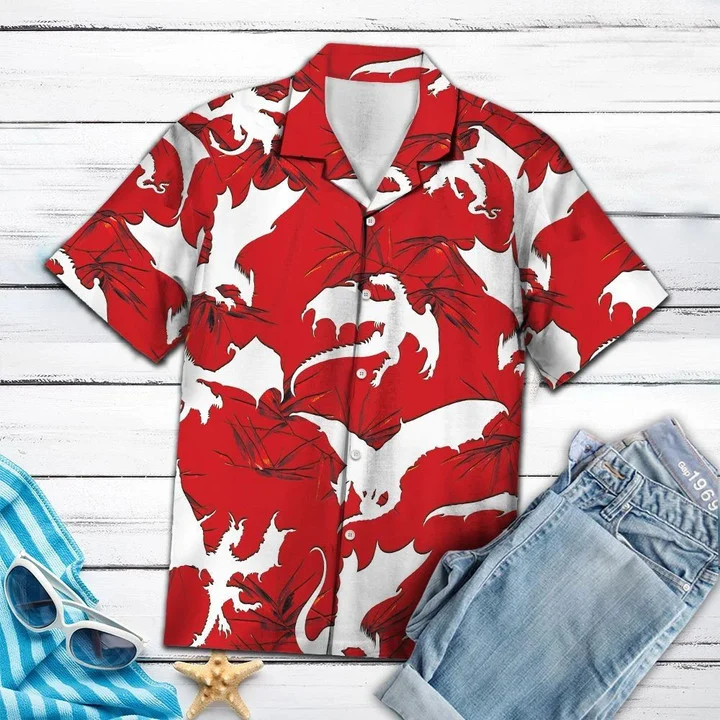 White Dragon Flying Red Hawaiian Shirt For Men, Women