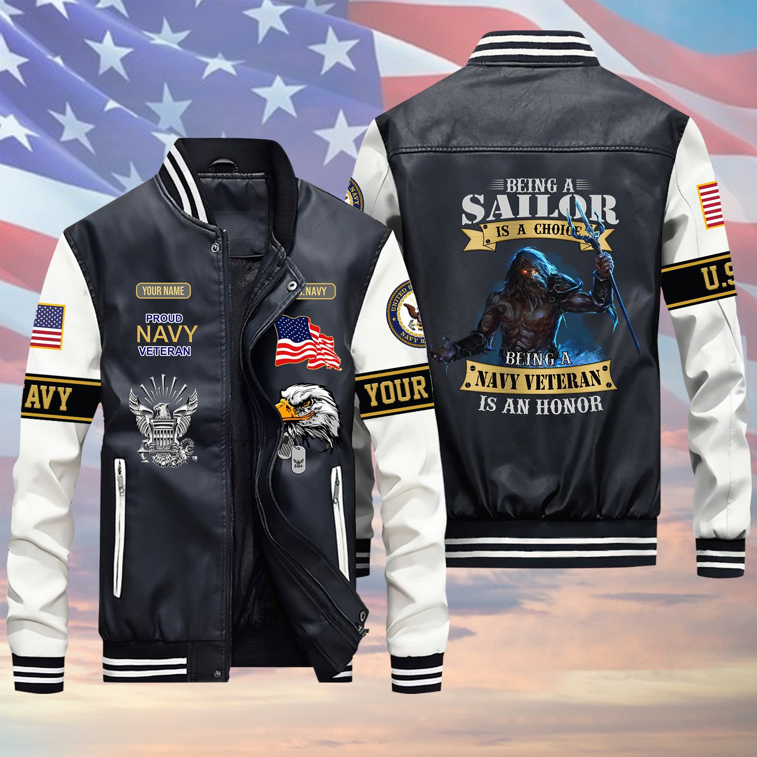 Being A Sailor Is A Choice US Navy Veteran V2 Green Winter Gear Leather Bomber Leterman Varsity Jacket