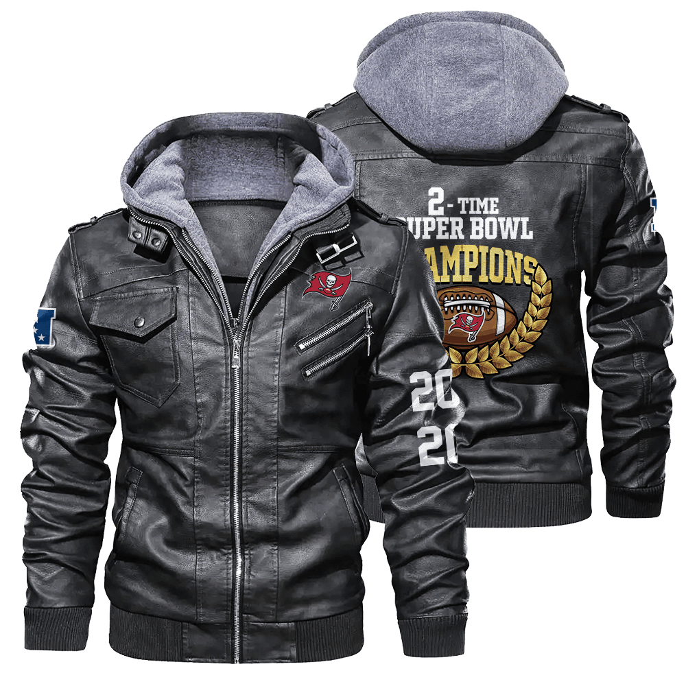 Tampa Bay Buccaneers NFL  Time Super Bowl Champions City Design Zip Black Leather Jacket With Hood