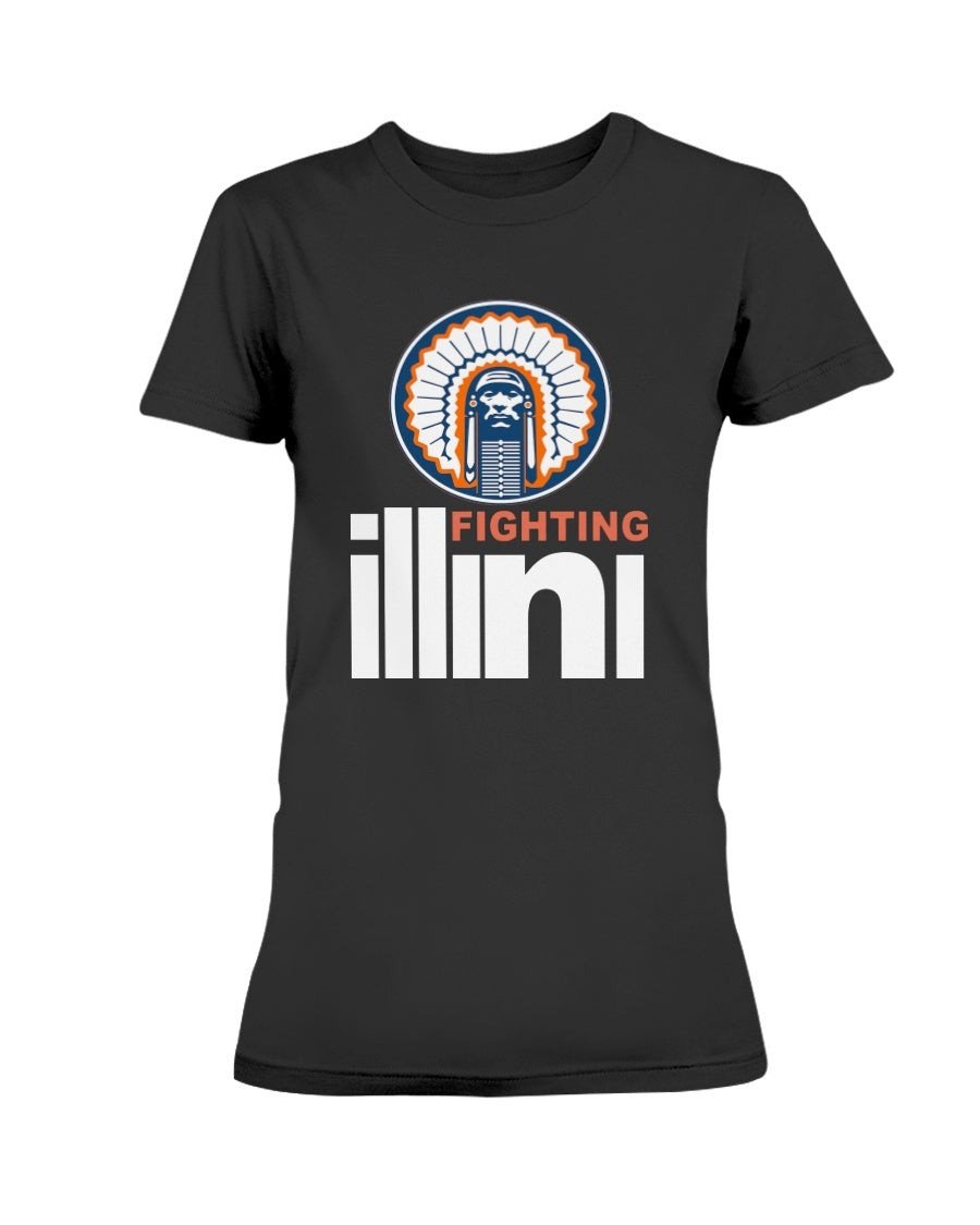 Vintage 1990S University Of Illinois Fighting Illini Chief Large Print Ladies T Shirt 081621