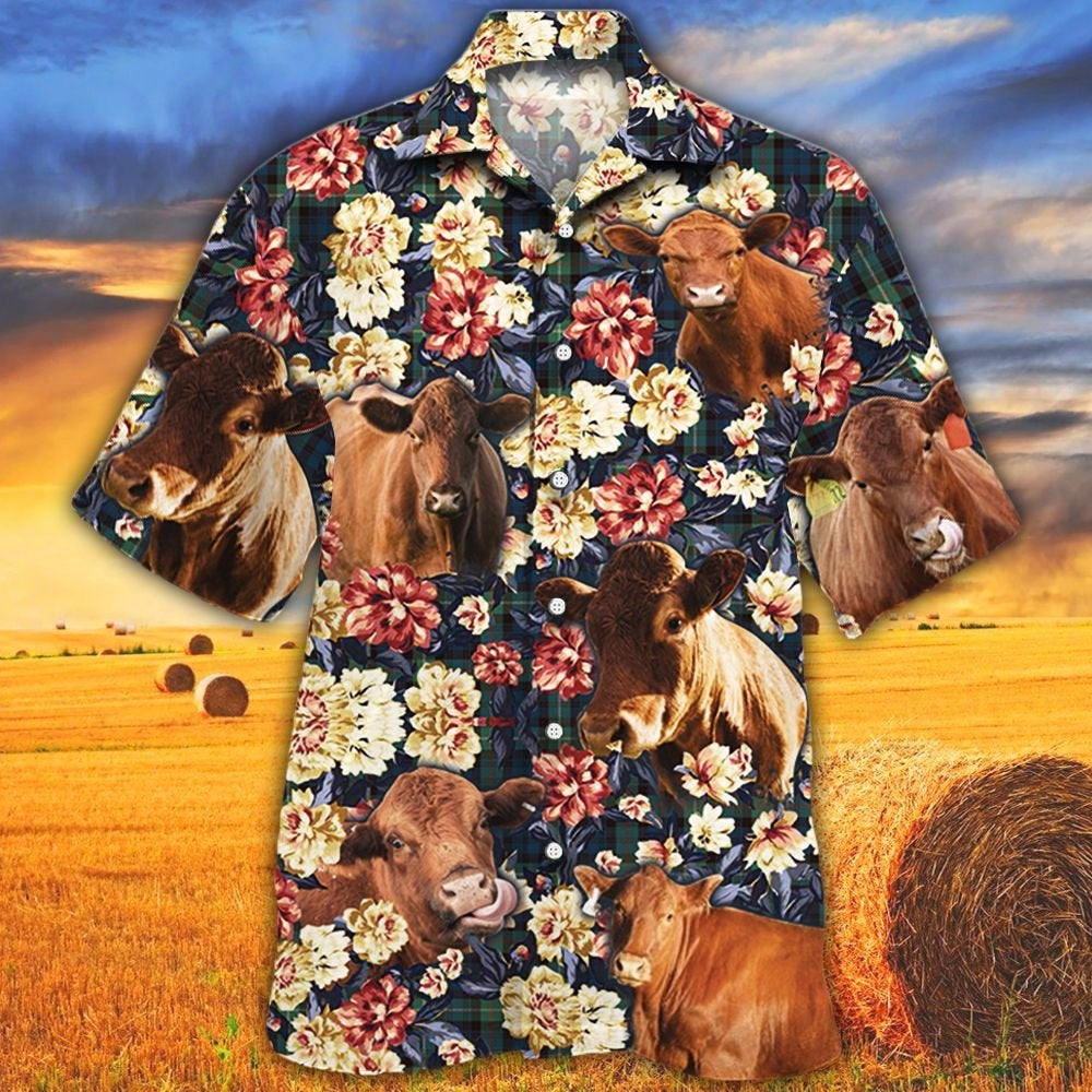 Black Angus Cattle Lovers Green Plaid Pattern Hawaiian Shirt