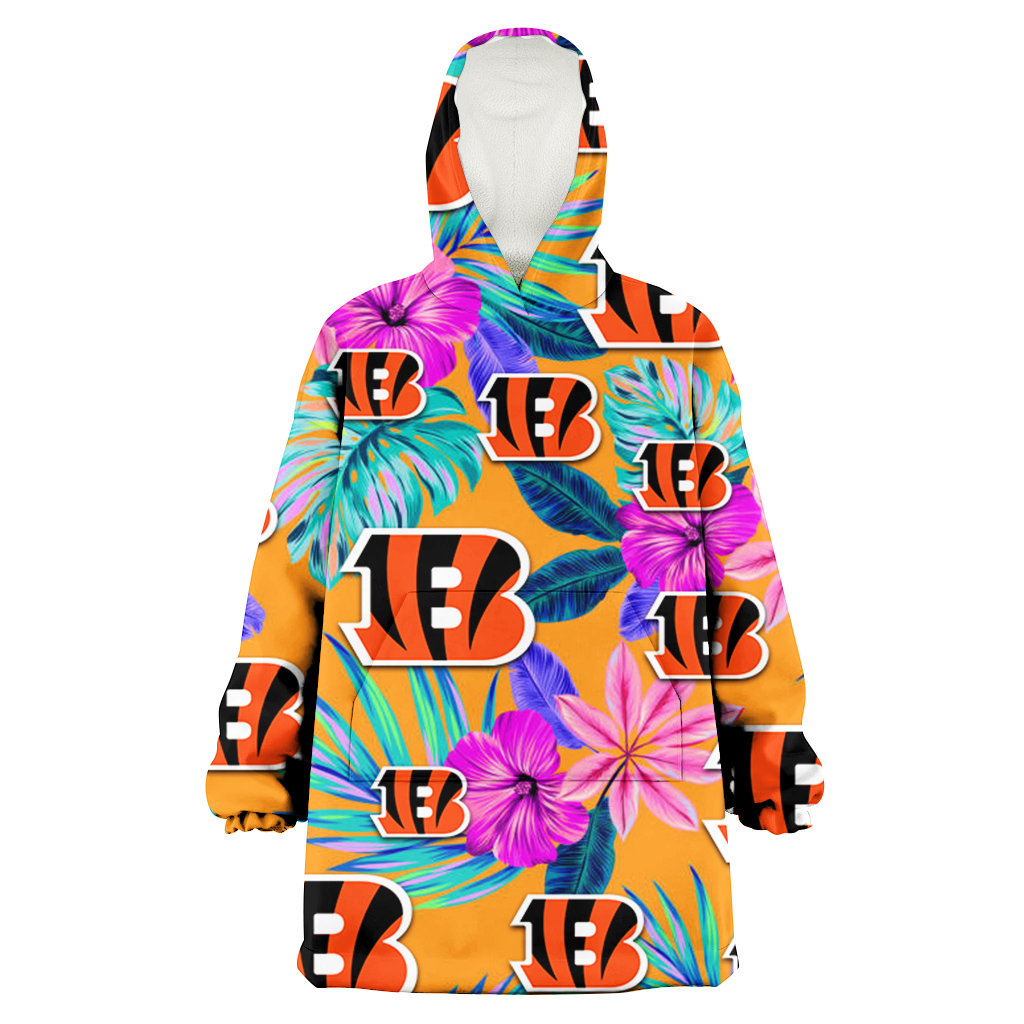 Cincinnati Bengals Purple Hibiscus Neon Leaf Orange Background 3D Printed Hoodie Blanket Snug Hoodie