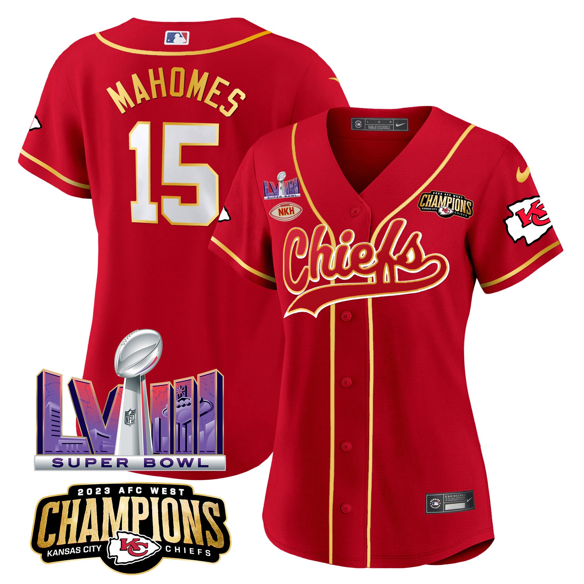 Women’S Chiefs Afc West Champions & Super Bowl Lviii Patch Baseball Jersey – All Stitched