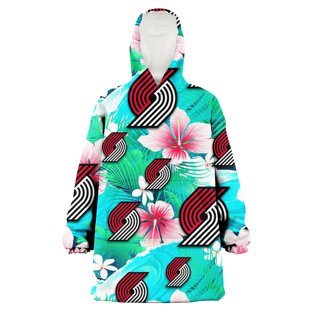 Portland Trail Blazers Pink Hibiscus Green Leaf Blue Background 3D Printed Hoodie Blanket Snug Hoodie