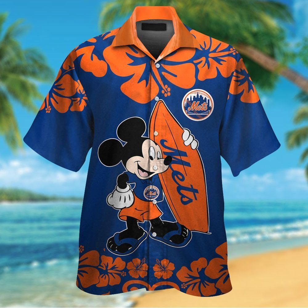 New York Mets Mickey Mouse Short Sleeve Button Up Tropical Hawaiian Shirt