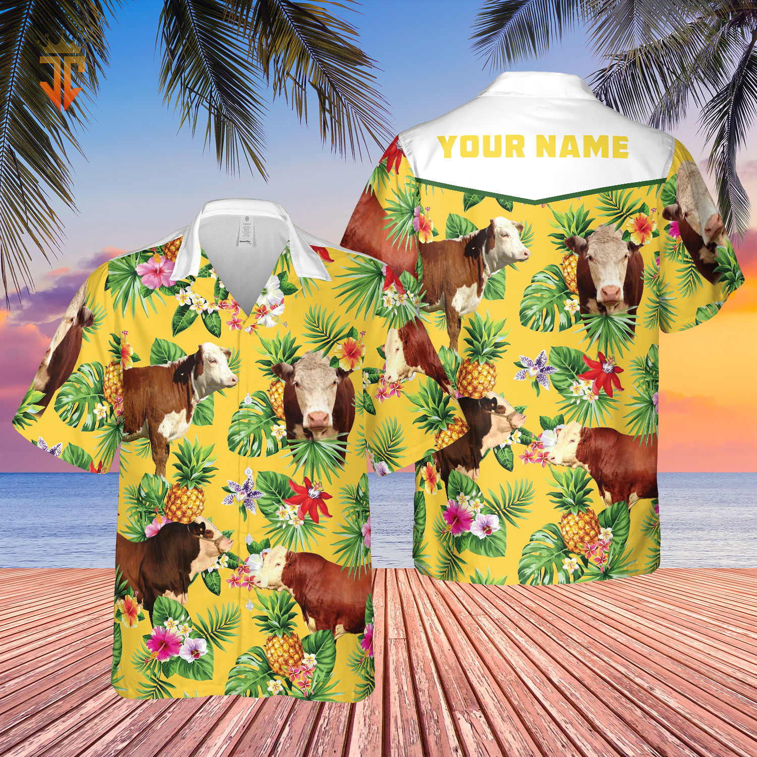 Personalized Name Hereford Cattle Pineapples All Over Printed 3D Hawaiian Shirt