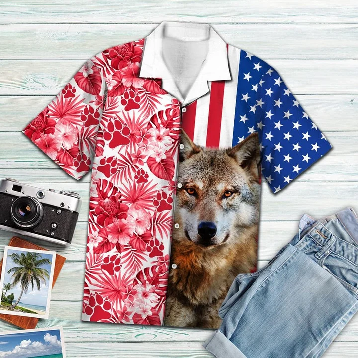 Portrait Of Wolf Usa And Tropical Red Plant Pattern Hawaiian Shirt