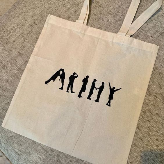 BTS Themed ARMY White Tote Bag, Canvas Tote Bags, Tote Bag Design, Tote Bag Idea