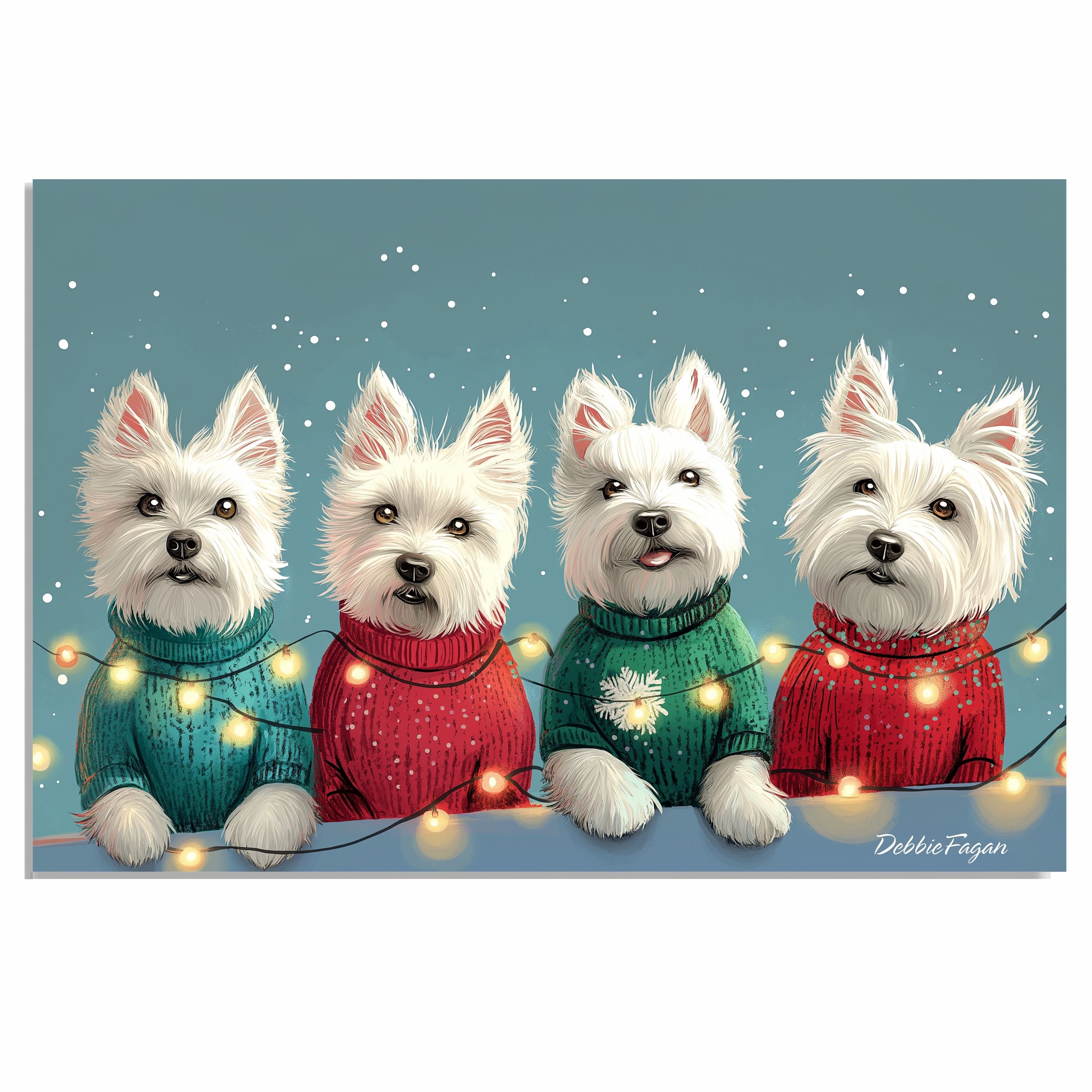 Noel, Xmas x Snorider Dog Christmas Canvas  - "Westie Wonderland" - West Highland Terriers in Festive Sweaters Wrapped in Christmas Lights on Ready to Hang 1.5" Thick Canvas Wrap, Floating Framed Canvas, Flat Rolled Canvas