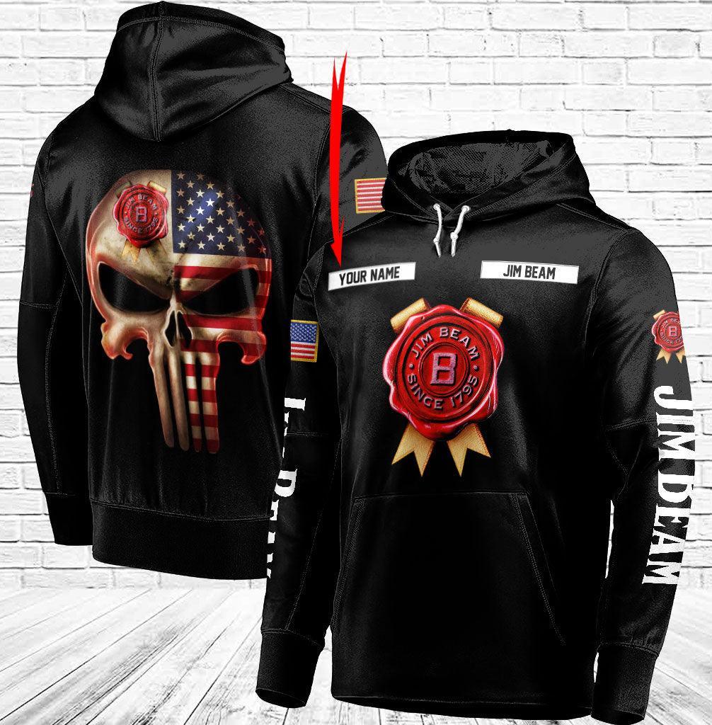 Personalized Black Usa Flag Skull Jim Beam Hoodie