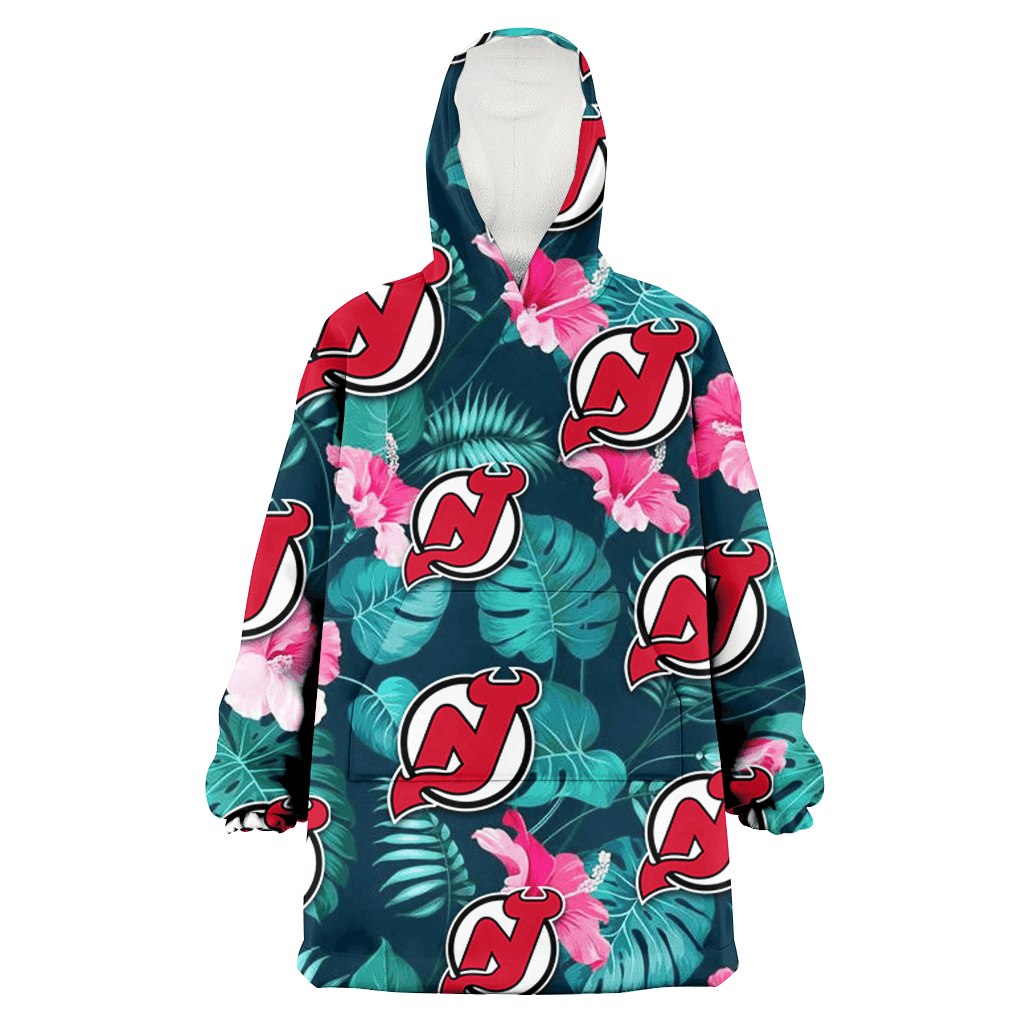 New Jersey Devils Pink Hibiscus Green Leaves Dark Background 3D Printed Hoodie Blanket Snug Hoodie