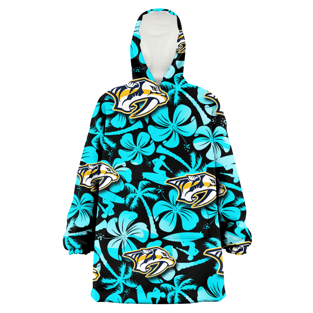 Nashville Predators Blue Hibiscus Blue Coconut Tree Black Background 3D Printed Hoodie Blanket Snug Hoodie