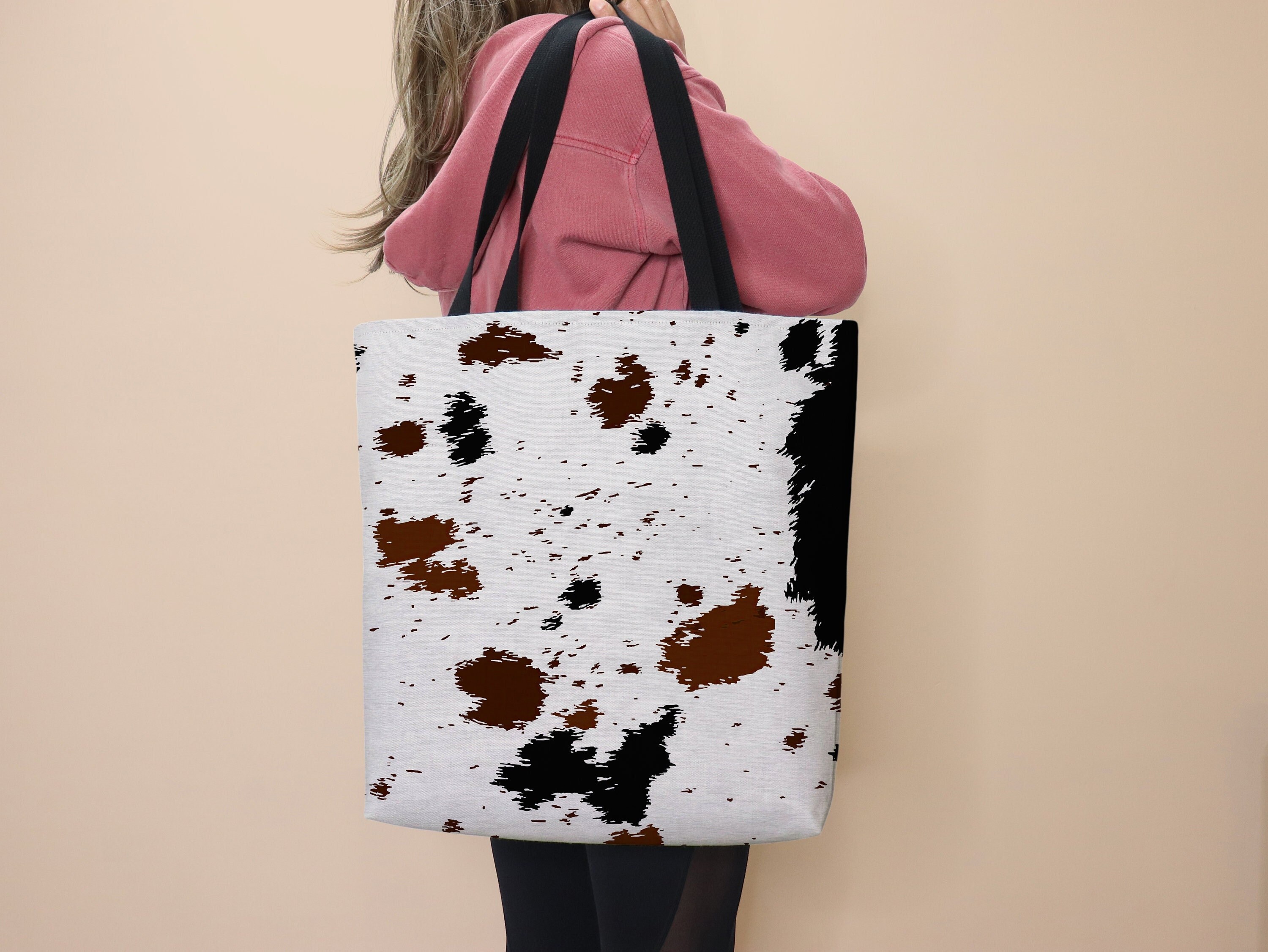 Cow Print Tote Bag Canvas Bag School Tote Cow Lover Gift Cute Bag Cow Hide Western Cowgirl Everyday Tote Grocery Bag Cowhide Pattern Tote