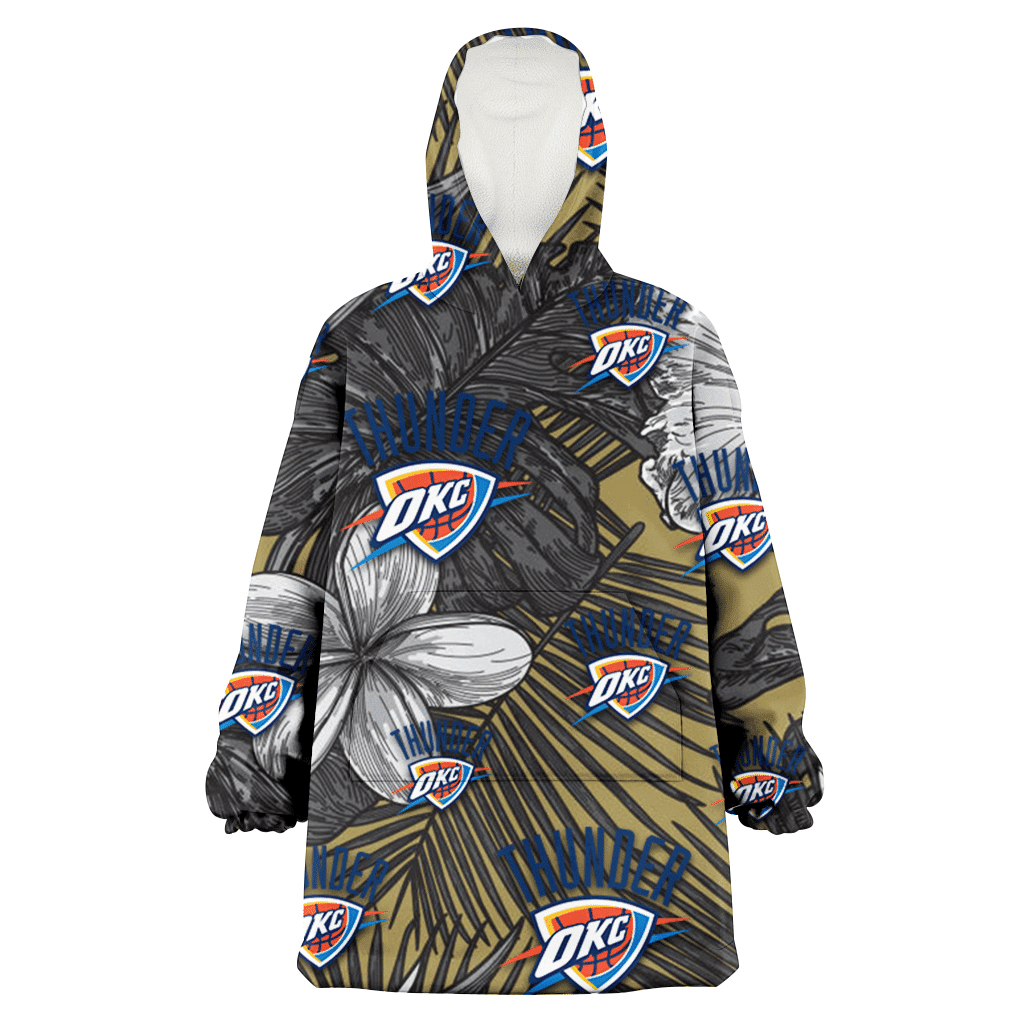 Oklahoma City Thunder Gray Sketch Hibiscus Yellow Palm Leaf Black Background 3D Printed Hoodie Blanket Snug Hoodie