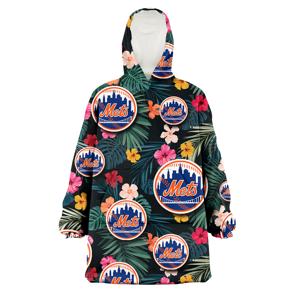 New York Mets Pink Yellow Orange Hibiscus Big Tropical Leaf Black Background 3D Printed Hoodie Blanket Snug Hoodie