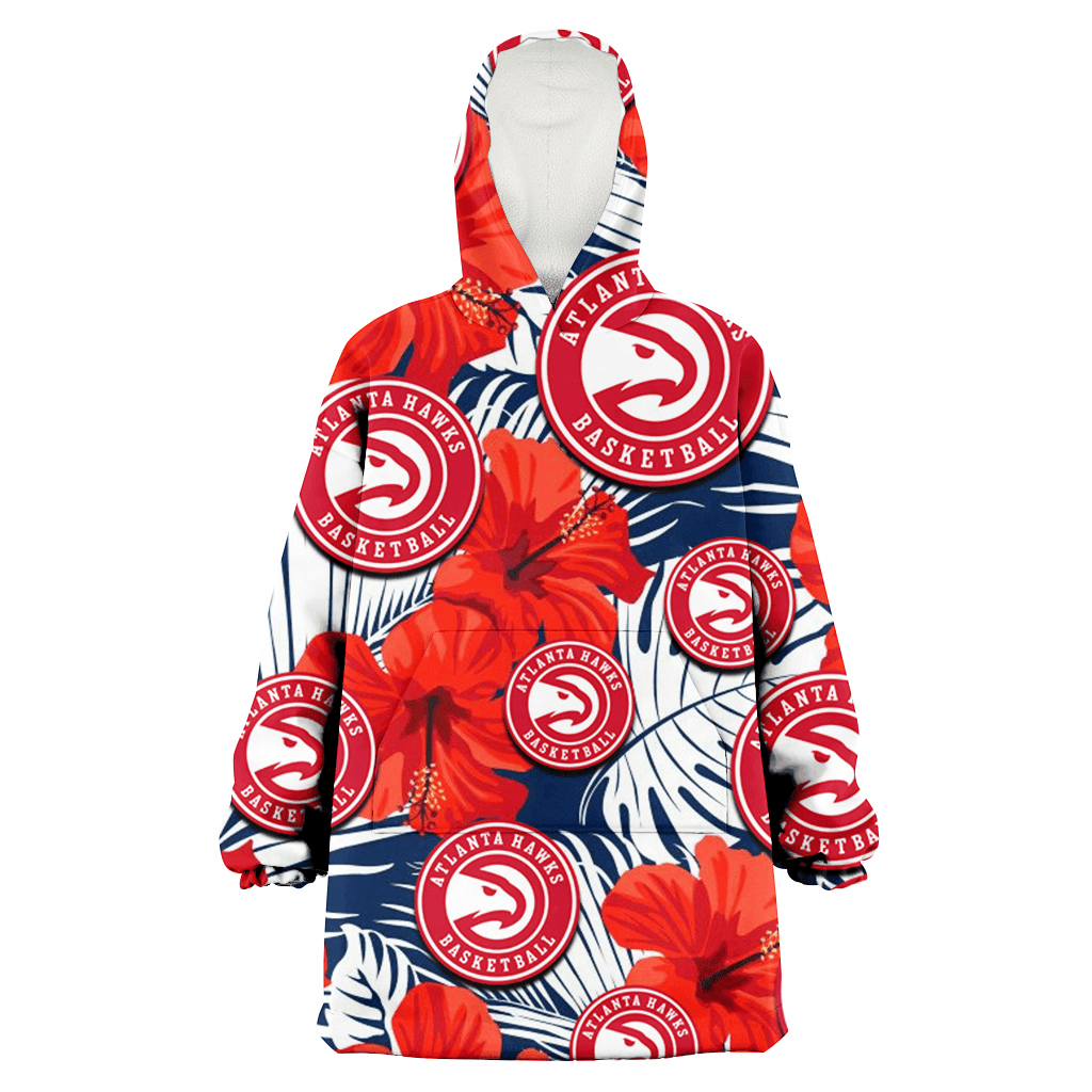 Atlanta Hawks White Tropical Leaf Red Hibiscus Navy Background 3D Printed Hoodie Blanket Snug Hoodie