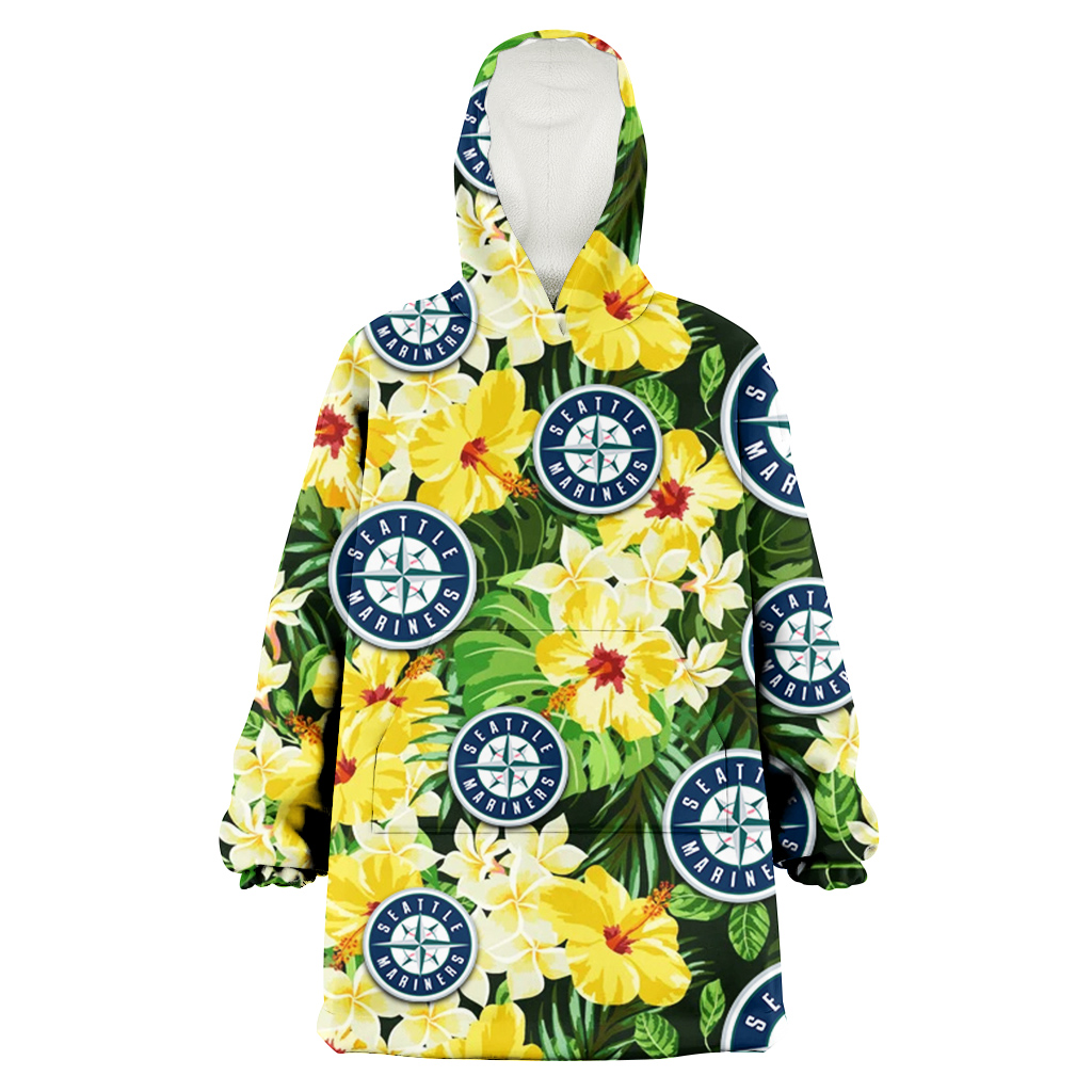 Seattle Mariners Yellow Hibiscus Tropical Green Leaf Black Background 3D Printed Hoodie Blanket Snug Hoodie