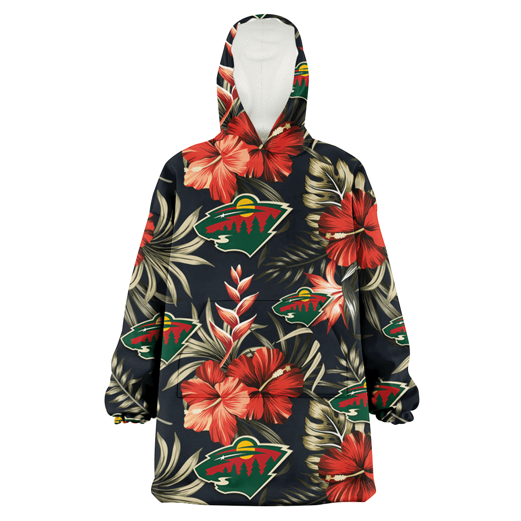 Minnesota Wild Red Hibiscus Green Leaf Dark Background 3D Printed Hoodie Blanket Snug Hoodie