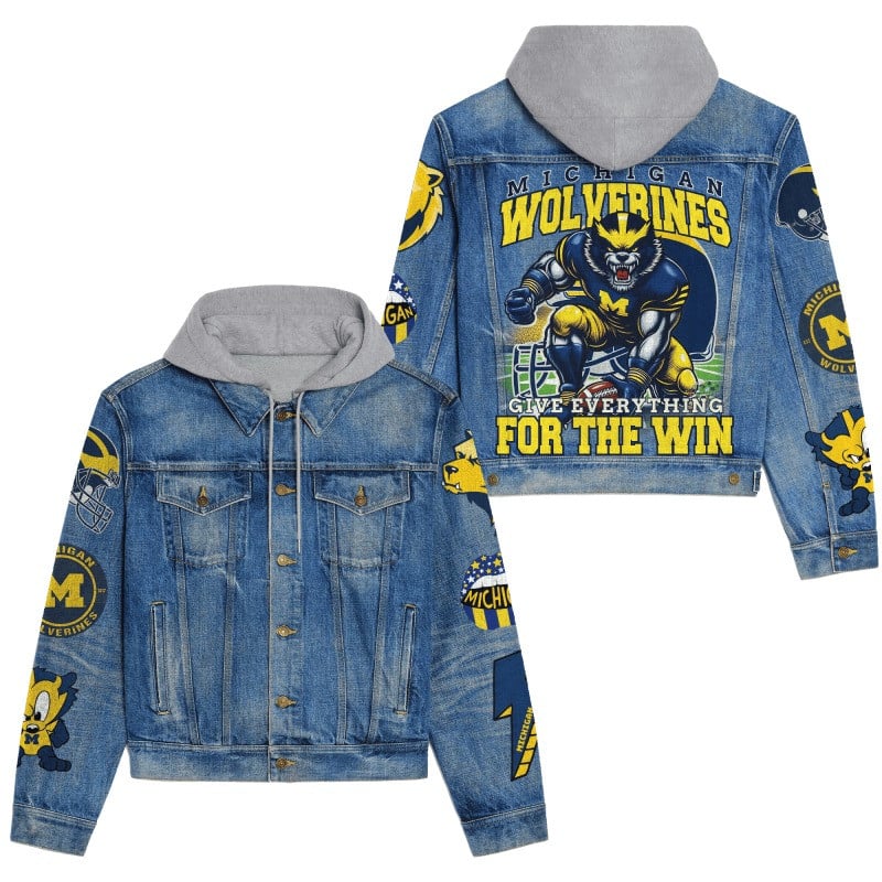 Michigan Wolverines NCAA Team Logo & Motto v3 3D Hooded Denim Jacket