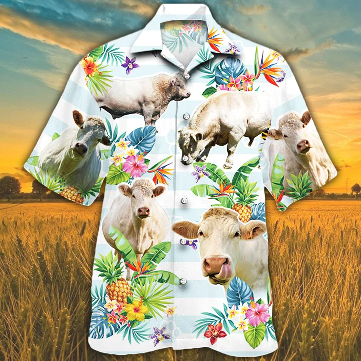 Charolais Cattle Hawaiian Shirts For Men, Women, Cow Lovers Tropical Flower Hawaiian Shirt