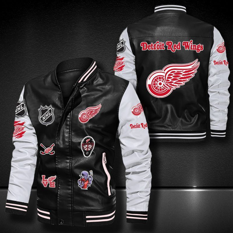 Detroit Red Wings Leather Varsity Jacket Bomber Coat