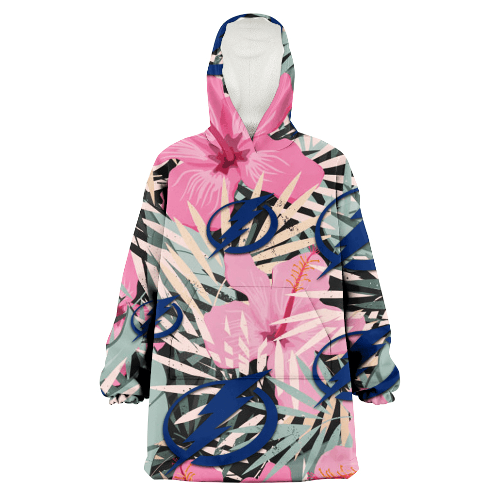 Tampa Bay Lightning Light Pink Hibiscus Pale Green Leaf Black Background 3D Printed Hoodie Blanket Snug Hoodie