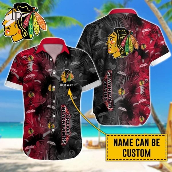 Custom Name Nhl Chicago Blackhawks Team Name And Tropical Pattern 3D Hawaiian Shirt