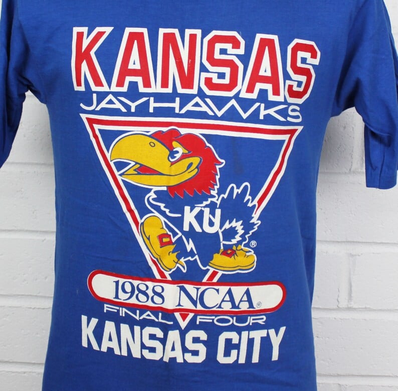 Vintage 80S University Of Kansas Jayhawks Shirt Blue Medium Kansas City Final Four 1988 College Basketball