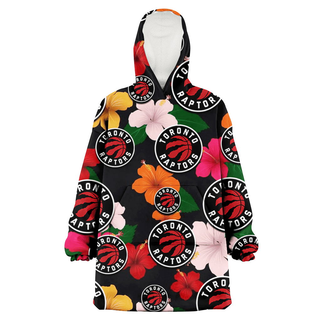 Toronto Raptors Pink Orange Yellow White Hibiscus Black Background 3D Printed Hoodie Blanket Snug Hoodie