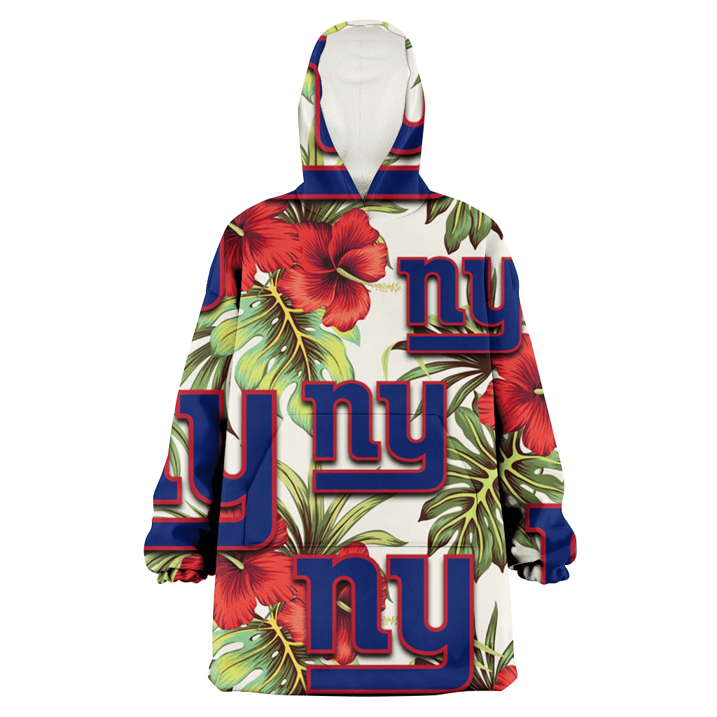 New York Giants Red Hibiscus Green Tropical Leaf Cream Background 3D Printed Hoodie Blanket Snug Hoodie