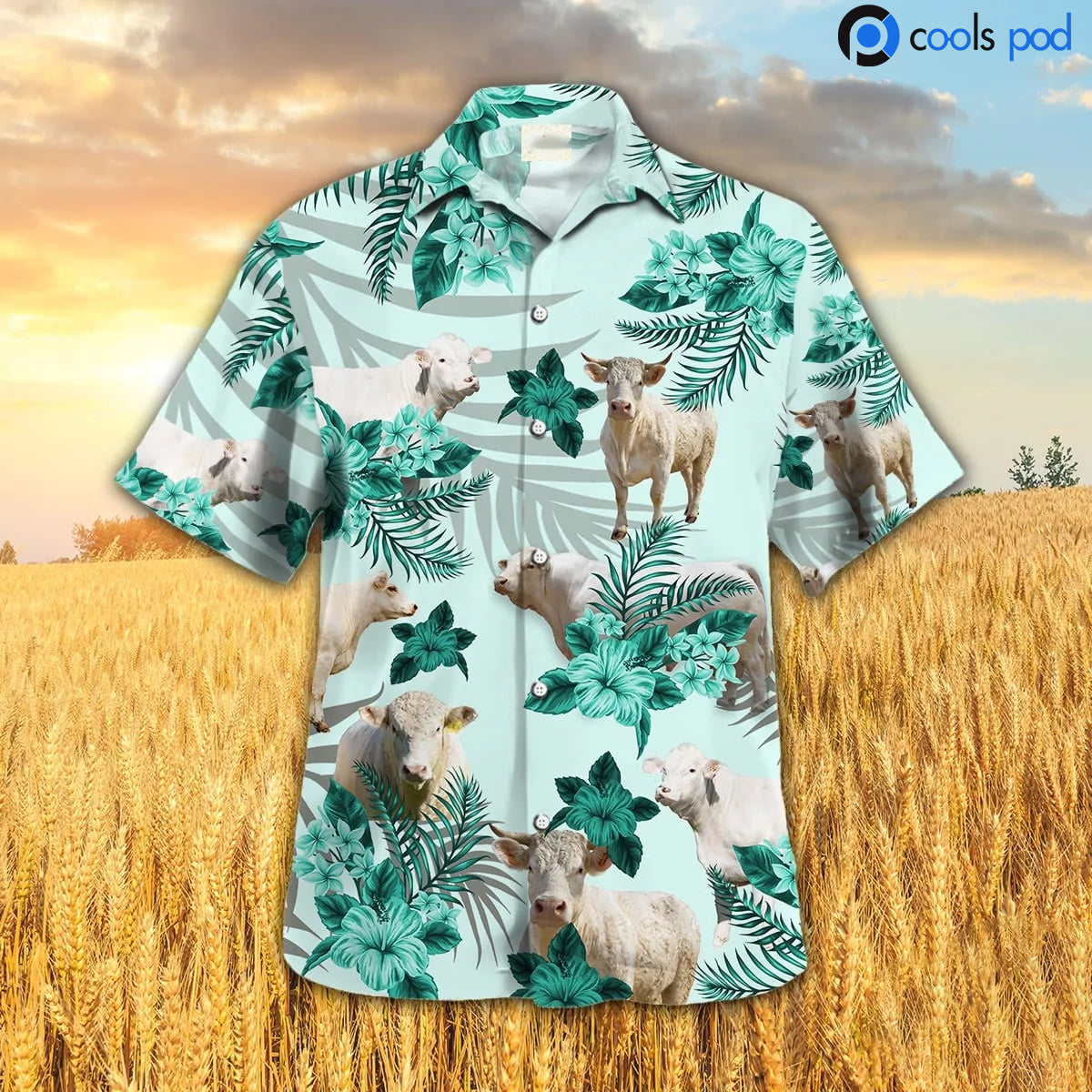 Charolais Hibiscus Pattern Hawaiian Shirt, Green Farm Hawaiian Shirt For Famr Lover