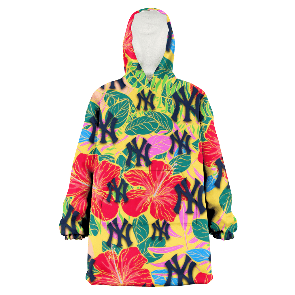 New York Yankees Red Hibiscus Green Blue Leaf Yellow Background 3D Printed Hoodie Blanket Snug Hoodie