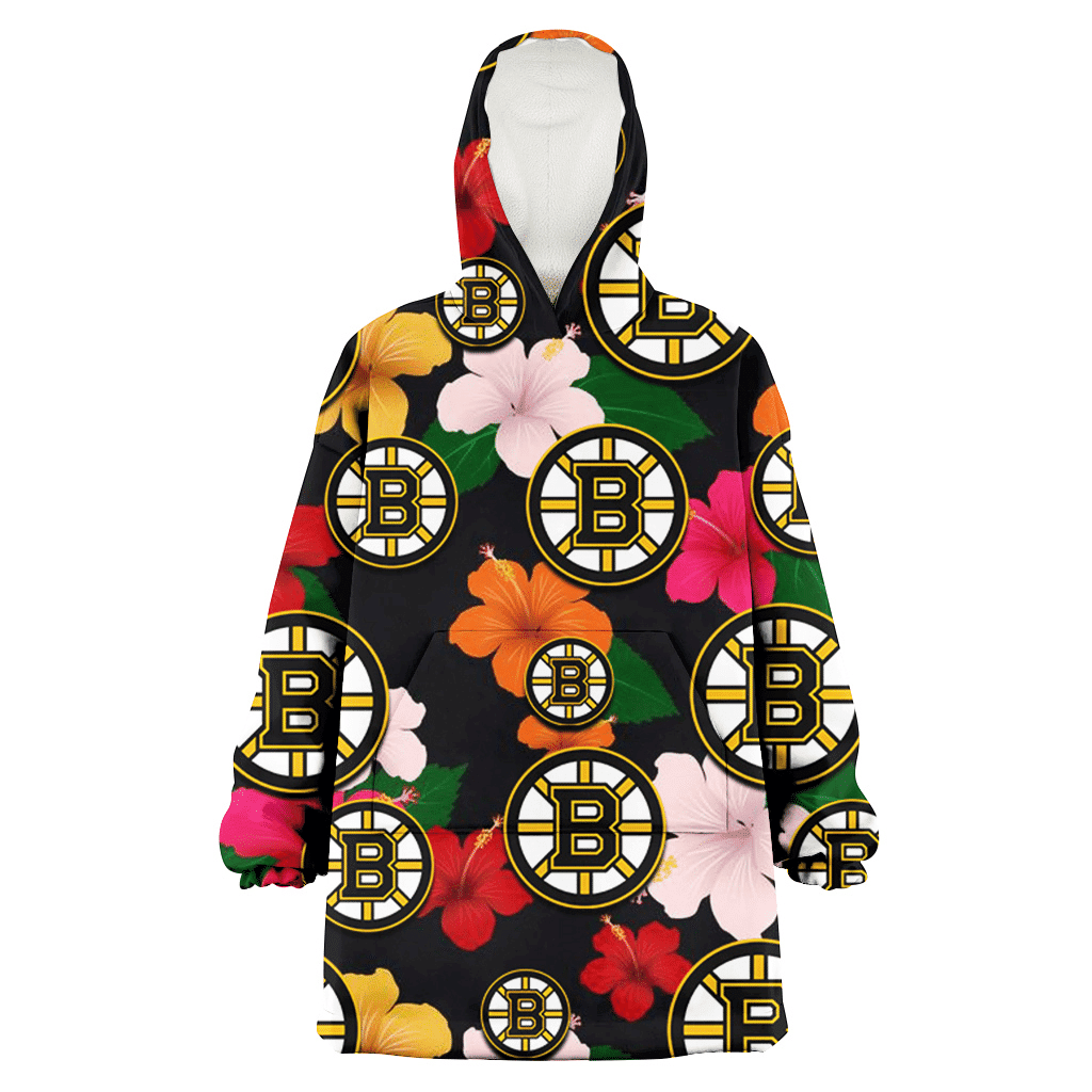 Boston Bruins Pink Orange Yellow White Hibiscus Black Background 3D Printed Hoodie Blanket Snug Hoodie