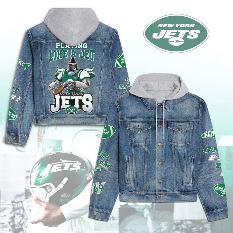 New York Jets NFL Team Logo & Motto 3D Hooded Denim Jacket