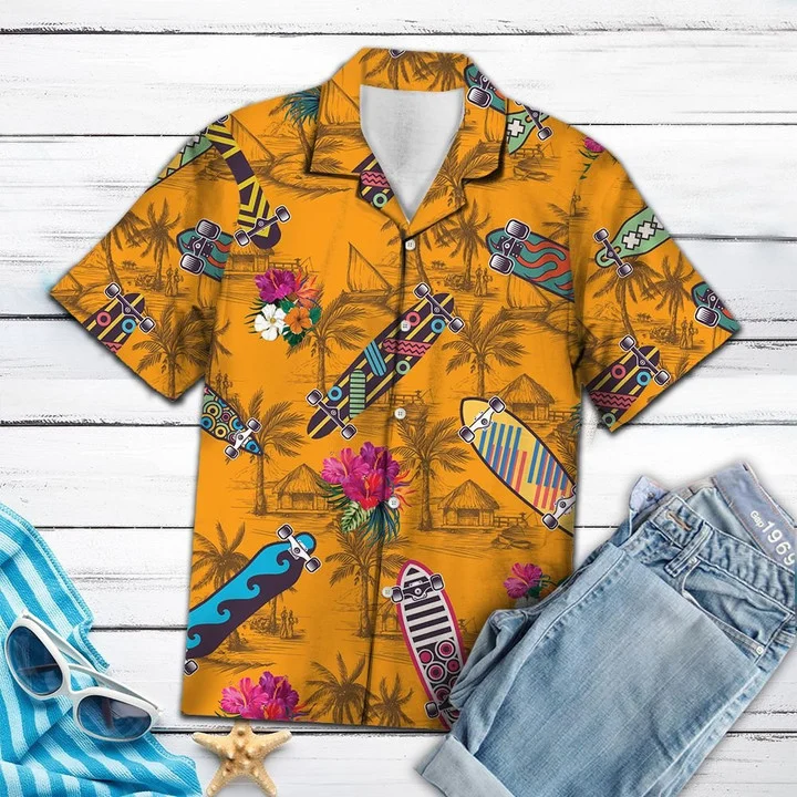 Skateboard Yellow Hawaiian Shirt, Cool Skateboard Tropical Flowers Burned Yellow Background Pattern Hawaiian Shirt