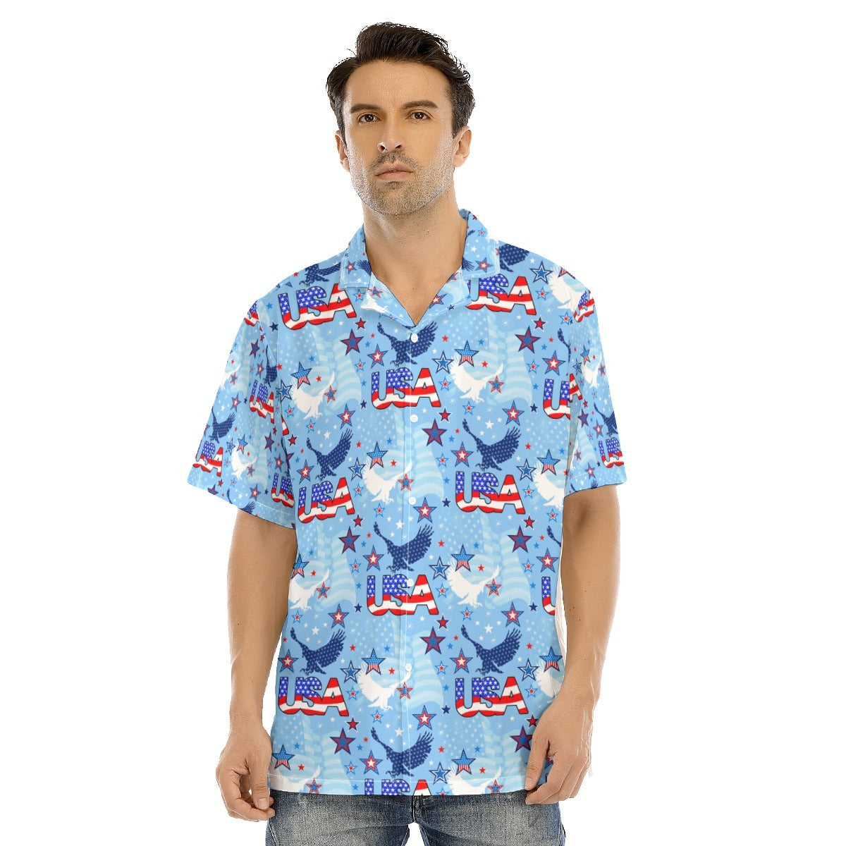 Hawaiian Camp Collar Short Sleeve Button-Down Shirt Usa, Hawaiian Shirt For Summer And 4Th Of July