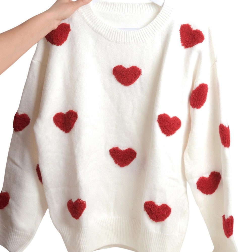 Cozy Heart-Patterned Knit Sweater | Valentine'S Day Heart Pattern Sweater | Casual Long Sleeve Drop Shoulder Sweater | White Sweater X By Realtorgift Fashion