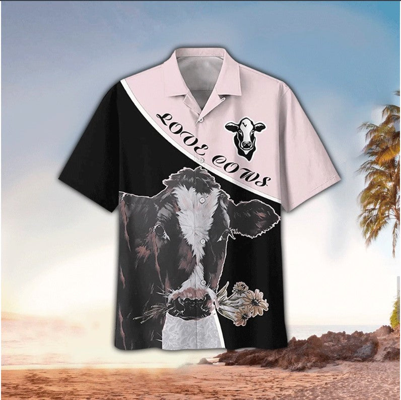 Love Cows Cow Flower Art Casual Button Down Short Sleeves Unisex Hawaiian Shirt, Hawaii Shirt Men